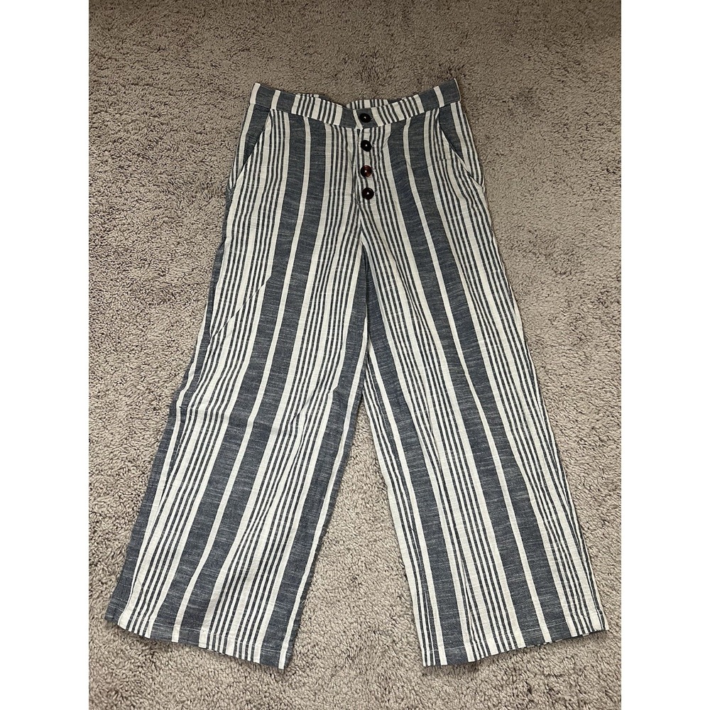 Women's Derek Heart White Blue Striped Relaxed Wide Leg Cropped Pants Med Beach